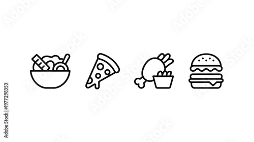 Food doodle vector collection with French fries pizza drumstick and hamburger in simple black and white line art style