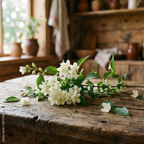 White Jasmine Flowers on a Rustic Wooden Table in a Cozy Room with Natural Light