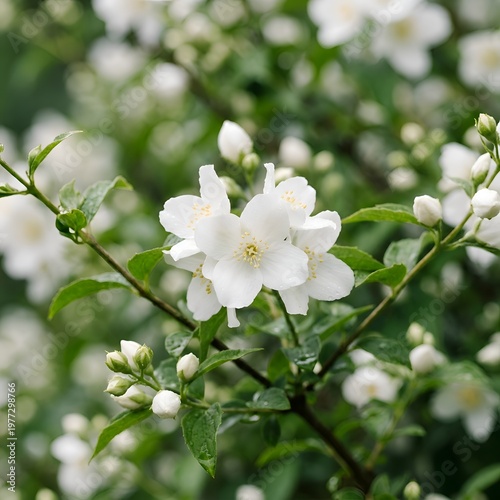 Close-up of White Jasmine Flowers with Green Leaves and Buds in Bloom
