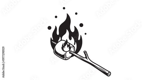 Marshmallow on a stick being toasted over a campfire with flames and sparks, black and white graphic illustration