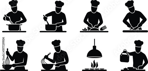 Black silhouette chefs cooking, stirring, chopping, kneading, whisking, pouring, kitchen stove flames, culinary actions vector illustration for food design