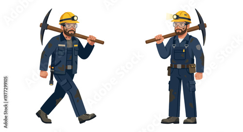 Two cartoon miners carrying pickaxes over their shoulders