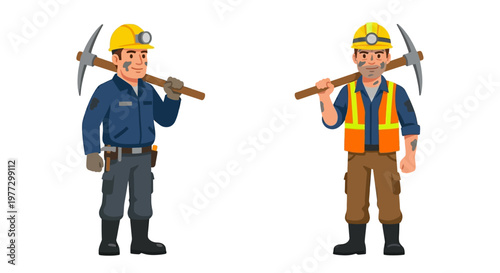 Two cartoon miners with pickaxes side by side in work attire