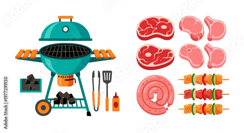 Barbecue grill with various meats sausages and skewers illustrated