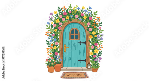 A whimsical floral archway leads to a charming turquoise fairytale door
