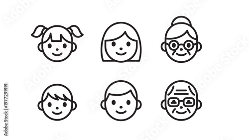 Faces of different generations including young girls and boys, and elderly people with glasses featuring generation, icons, family with children and