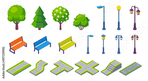 Isometric park elements including trees benches lamps and pathways