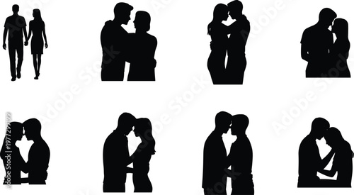 Black silhouette couple holding hands, embracing, sitting close, romantic poses vector illustration for love, relationship, intimacy, affection design