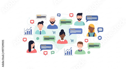 Diverse people icons with social media and shopping symbols representing online communication and e commerce