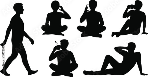 Black silhouette people walking, sitting, drinking, listening, phone call, relaxing poses vector illustration for lifestyle, daily activity, human design