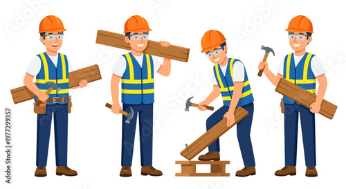 Four cartoon construction workers demonstrating various manual labor tasks
