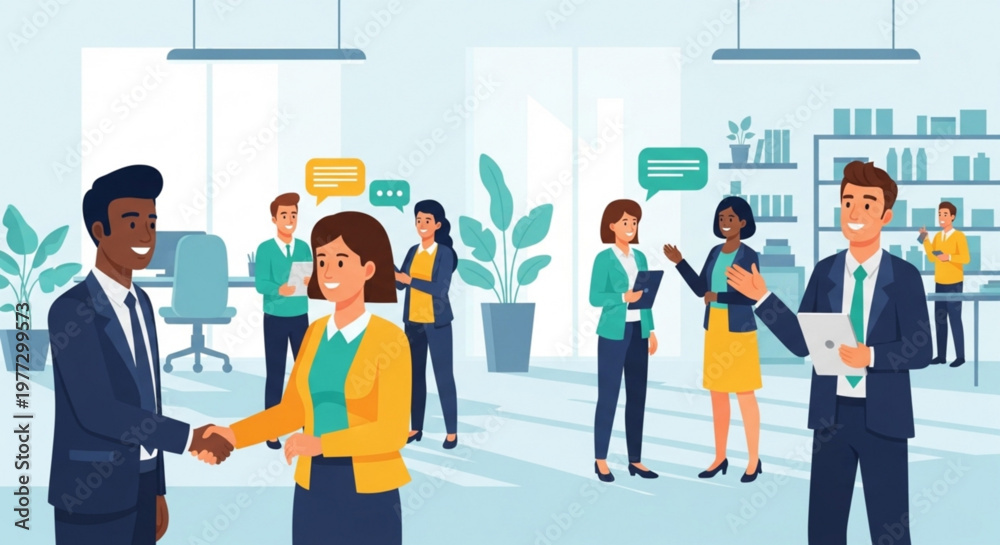 © Ateeq - Business colleagues shaking hands in modern office with team members interacting in background