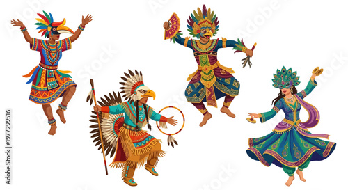 Colorful illustration of people in traditional indigenous headdresses and clothing