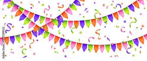 Vector colorful bunting isolated on a transparent background. Bright festive garland with confetti. Element of holiday decor for card, invitation, banner or background.