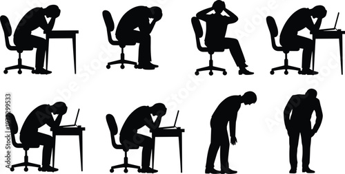 Black silhouette stressed tired people sitting at desk, leaning forward, exhausted posture vector illustration for work fatigue, burnout, depression design