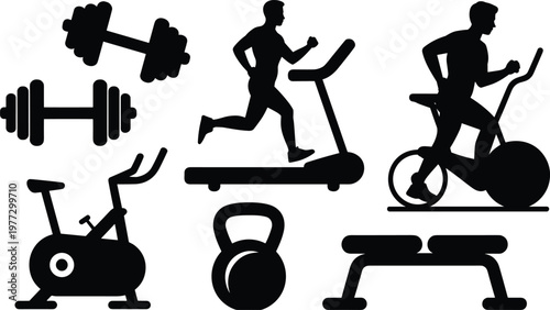 Black silhouette vector illustration of gym and fitness equipment including dumbbells, barbells, treadmill, exercise bike, kettlebell, and aerobic steps