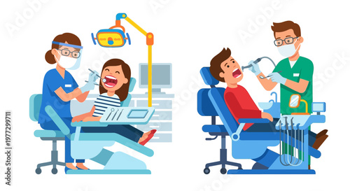 A dentist examines patients in a colorful and modern dental office