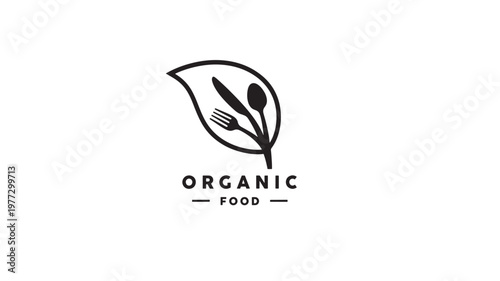 Fork, knife, and spoon silhouette integrated into a leaf shape, symbolizing organic food choices and healthy eating.