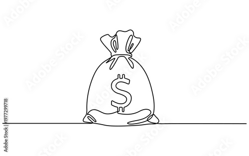 Continuous line drawing Money bag, dollar sign, financial icon, line art, minimalist design, vector illustration