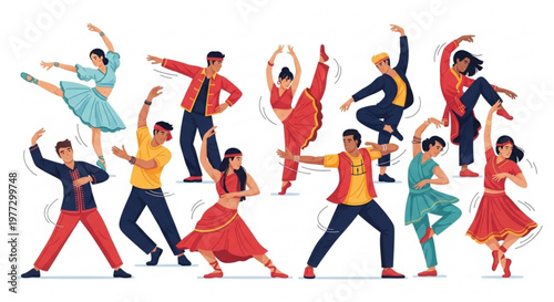 Diverse group of people dancing in various poses colorful outfits lively movements energetic expressions dynamic illustration vibrant colors joyful atmosphere dance styles