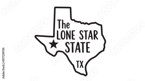Texas map outline with text "The Lone Star State" and a star symbol, representing the US state. featuring USA, United States, America with TX and