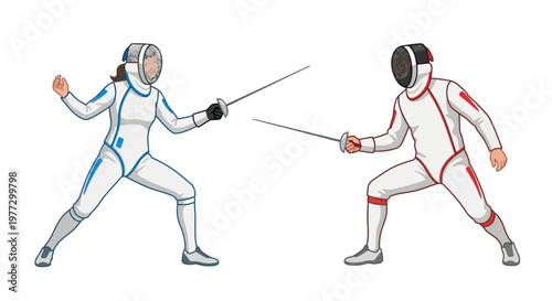 Two fencers in action preparing for a competitive bout with swords