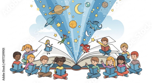 Children sitting around an open book with a magical night sky and stars emerging from the pages in a whimsical illustration