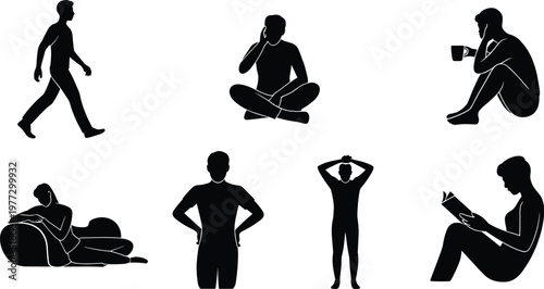 Black silhouette vector illustration of people in everyday postures including walking, sitting, relaxing, drinking, reading, thinking, and standing confidently