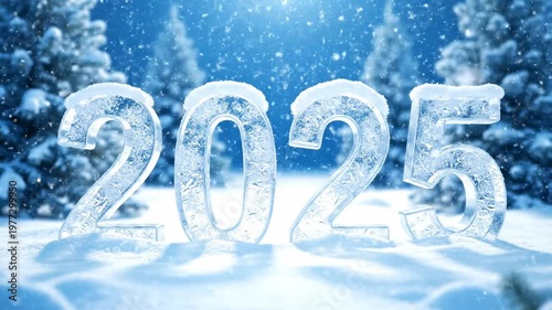 Icy sculpture of year 2025 in snow landscape with winter trees