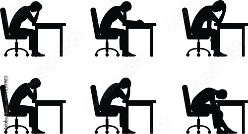 Black silhouette vector illustration showing office worker stress postures at desk with chair, fatigue, exhaustion, burnout, and workplace contemplation
