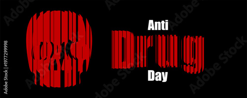 Anti drug day concept with skull and text in bold red and white contrast on black background
