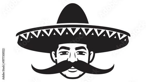 Man wearing a sombrero with a large mustache, black and white graphic illustration, Mexican cultural symbol