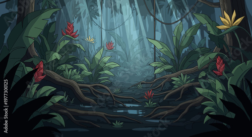 Lush tropical jungle with vibrant foliage and exotic flowers