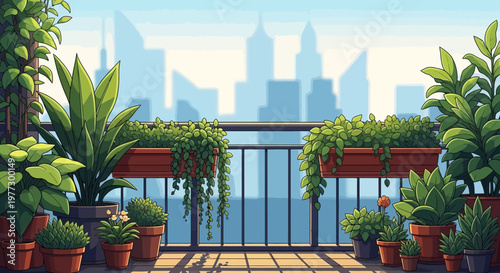 Lush green plants adorn a vibrant balcony garden