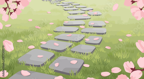 Stone pathway winding through a vibrant green lawn