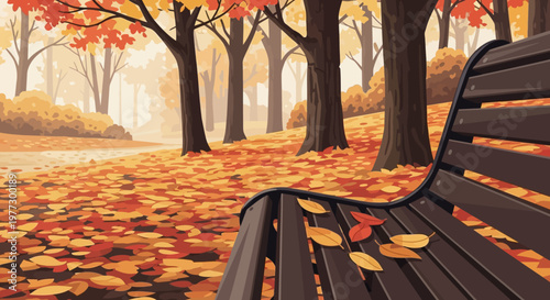 Wooden park bench adorned with vibrant autumn leaves