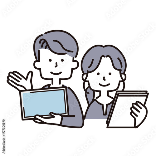 タブレットを持って説明する男女