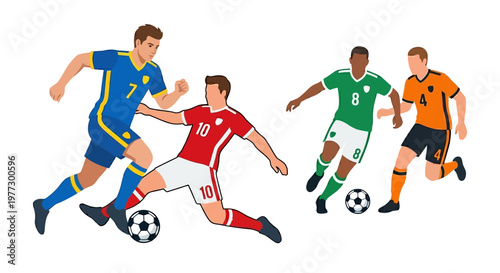 Four soccer players in action competing for possession of the ball