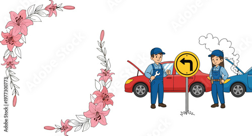 Floral pink lily wreath decoration with car accident scene mechanics and road sign cartoon vector illustration collection