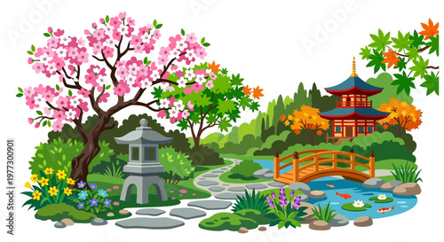 A serene japanese garden scene with a pagoda bridge and blossoming trees