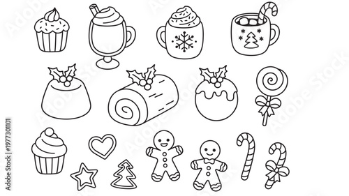 Holiday treats and sweets collection with cupcakes, puddings, candy canes, gingerbread cookies, and hot chocolate drinks, all drawn in a simple black