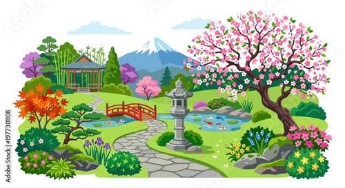 Serene japanese garden with a mountain backdrop and blossoming trees