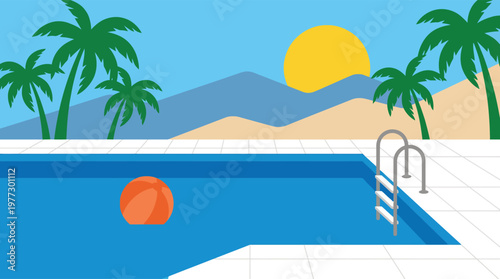 A serene poolside scene with palm trees.