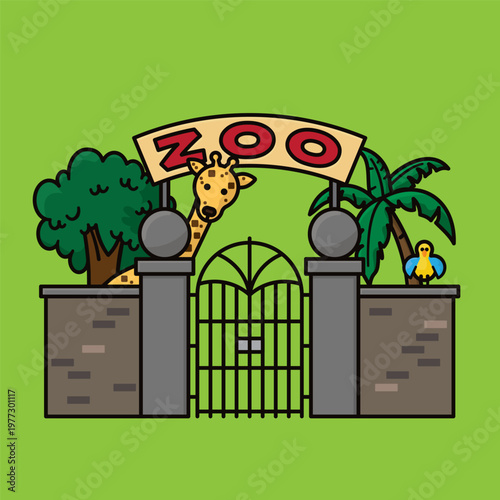 Zoo entrance with giraffe, bird and trees vector illustration for Zoo Lovers Day on April 8