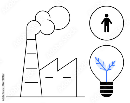 Environmental issues, sustainable energy, pollution, climate change, human impact, innovation. Factory emitting smoke, human figure lightbulb with a tree branch inside. Pollution and sustainable