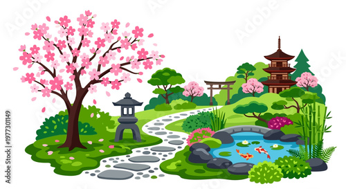 A serene japanese garden with blossoms pagoda and koi pond scene
