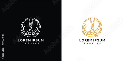 Hairdresser's Scissors Logo Design in Circle with Flowing Hair Elements