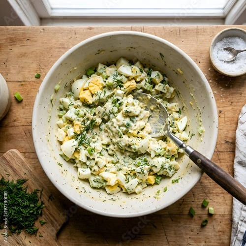 Egg salad with chopped herbs and vegetables in a white bowl on a wooden table