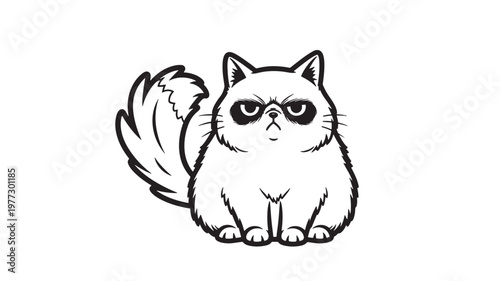 Cat with a grumpy expression and fluffy tail in a bold black outline illustration style featuring feline, animal, pet with vector and cartoon