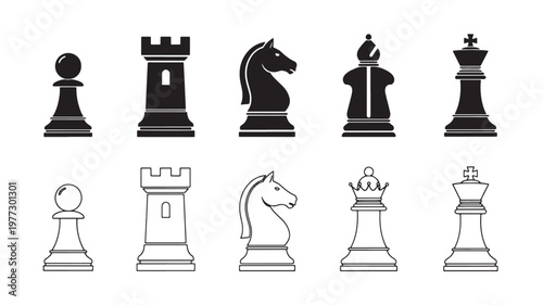 Chess pieces silhouette set including pawn, rook, knight, bishop, queen, and king for strategic board game play.